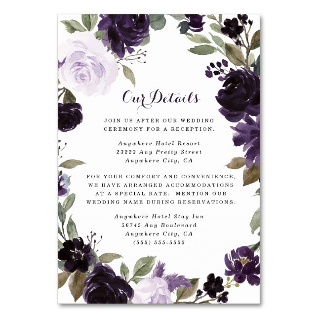 Elegante Lila Hochzeitskarten der Goldflorale Tischnummer (Vorderseite)