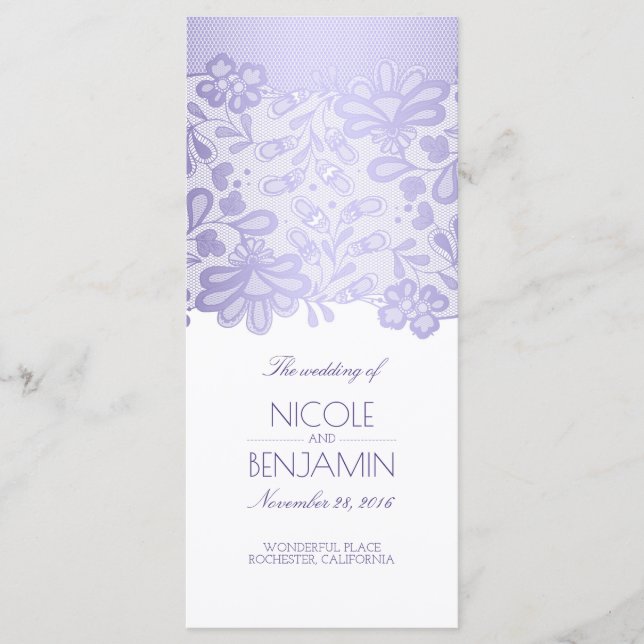 Elegante Lila Hochzeitsprogramme von Lace Lavender Programm (Vorderseite)