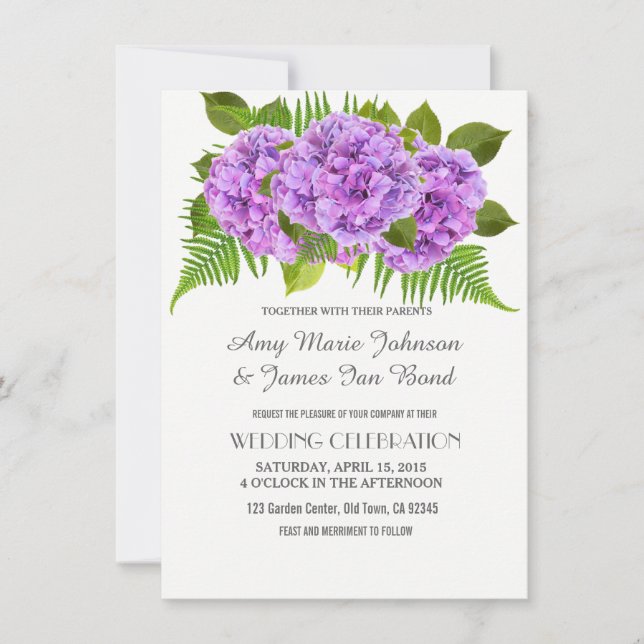 Elegante Lila Hydrangea Hochzeit Einladung (Vorderseite)