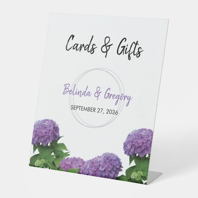 Elegante Lila Hydrangea Hochzeitskarten & Geschenk Sockelschild (Vorderseite)