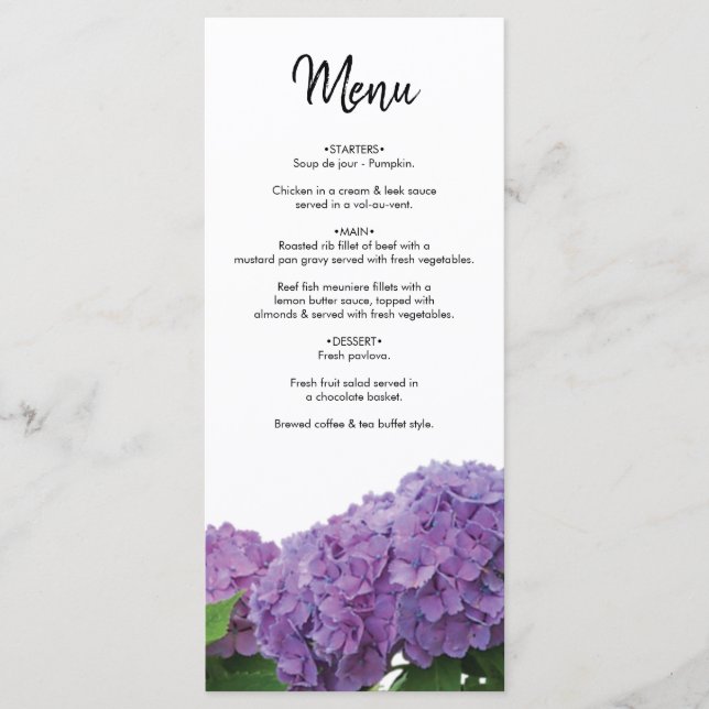Elegante Lila Hydrangea Wedding Menükarte (Vorderseite)