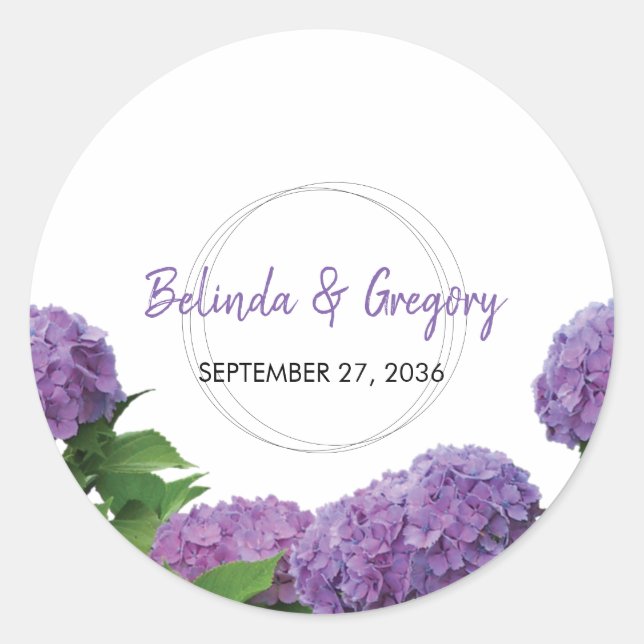 Elegante Lila Hydrangea Wedding Runder Aufkleber (Vorderseite)