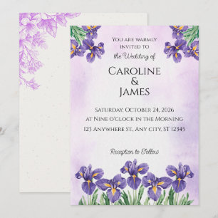Elegante lila Iris-Aquarell-Blumenhochzeits-Einlad Einladung