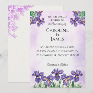 Elegante lila Iris-Aquarell-Blumenhochzeits-Einlad Einladung