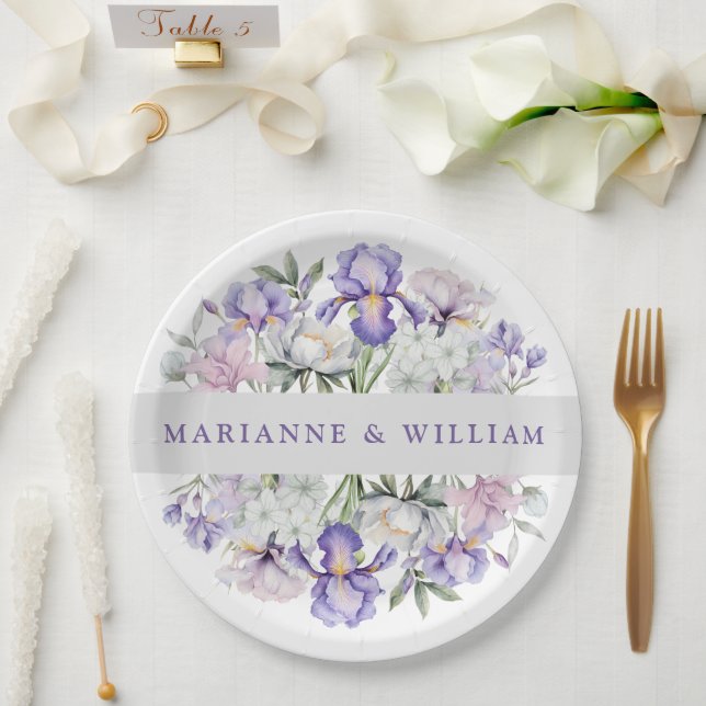 Elegante Lila Iris Romantische Blumenhochzeit Pappteller (Hochzeit)