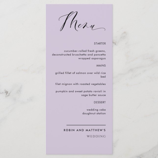 Elegante Lila, kalligraphische Hochzeit / Empfang Menükarte (Vorderseite)