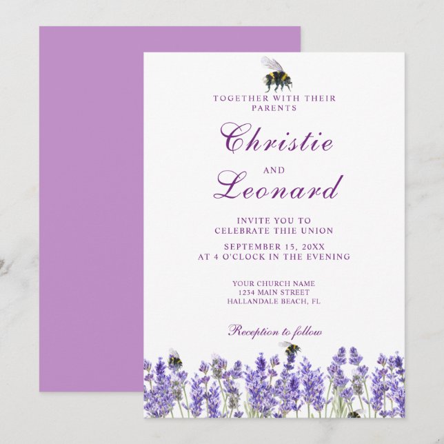 Elegante Lila Lavander-Blume Hochzeit Einladung (Vorne/Hinten)