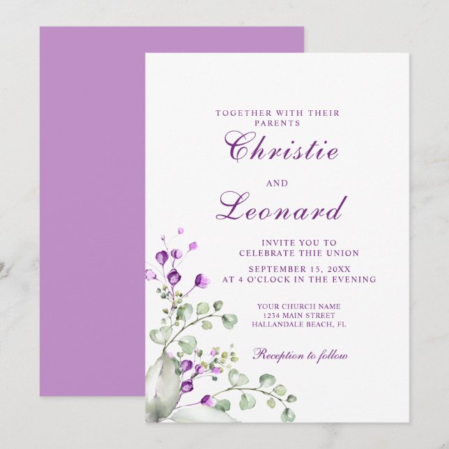 Elegante Lila Lavander-Blume Hochzeit Einladung (Vorne/Hinten)