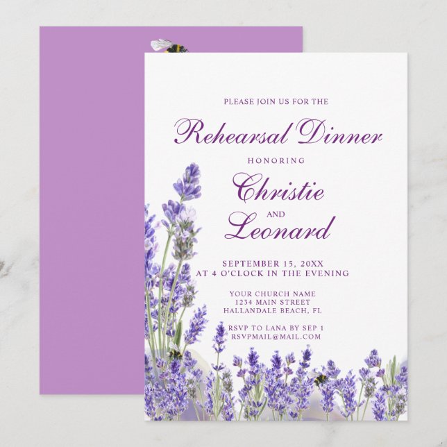 Elegante Lila Lavander Blume Hochzeit Probe Einladung (Vorne/Hinten)