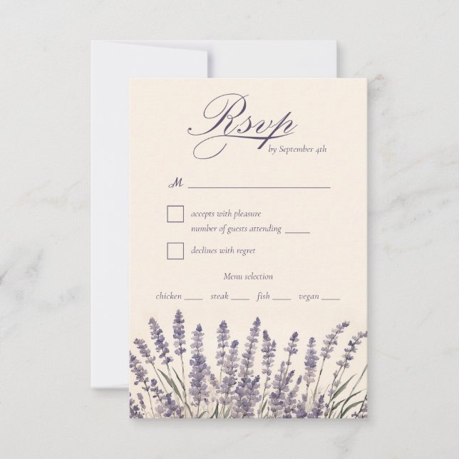 Elegante Lila Lavendel-Hochzeit RSVP Karte (Vorderseite)