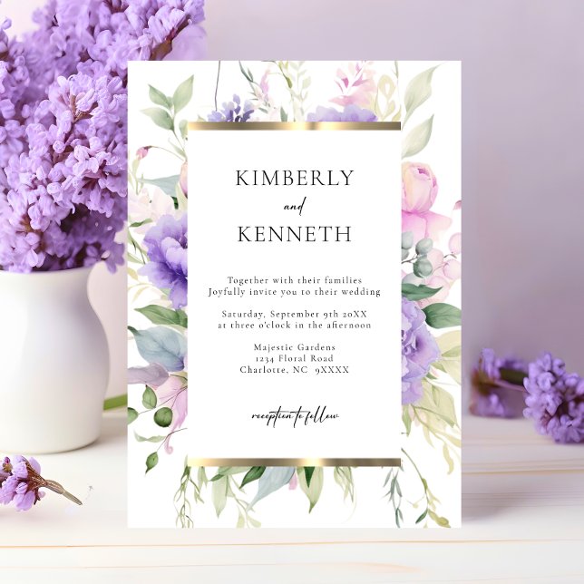 Elegante Lila Lavendel Rosa Blumenzehen Einladung (Elegant Purple Lavender Pink Floral Wedding Invitation)
