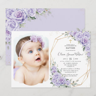 Elegante lila Lavendel Rosen Florale Taufe Foto Einladung