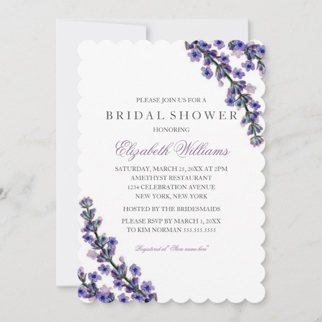Elegante Lila Lavender Bridal Dusche Einladung (Vorderseite)