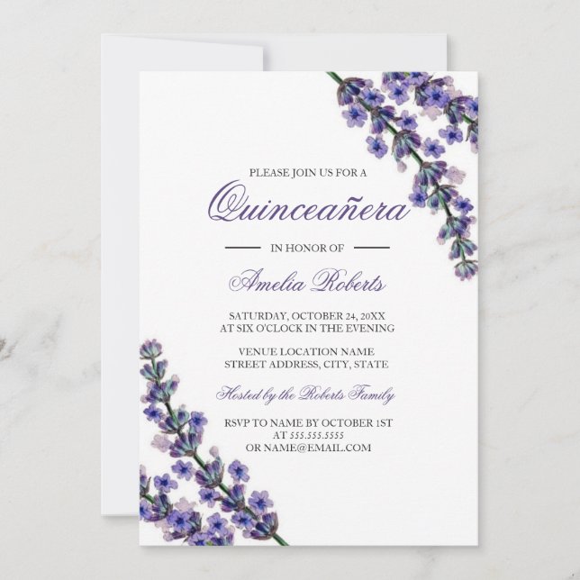 Elegante Lila Lavender Quinceanera Einladung (Vorderseite)