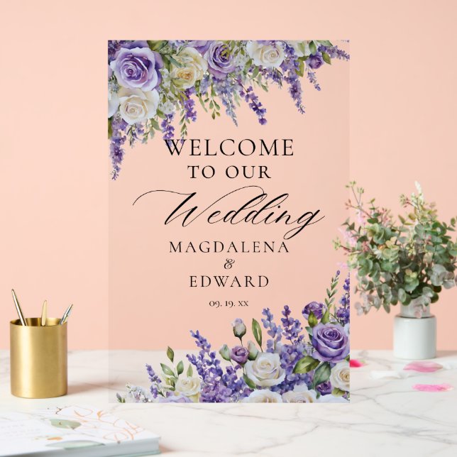 Elegante Lila Lavender Rose Hochzeit Willkommen Acrylschild (Hochzeit)