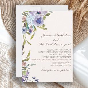 Elegante Lila Lila Staubblau Florale Hochzeit Einladung
