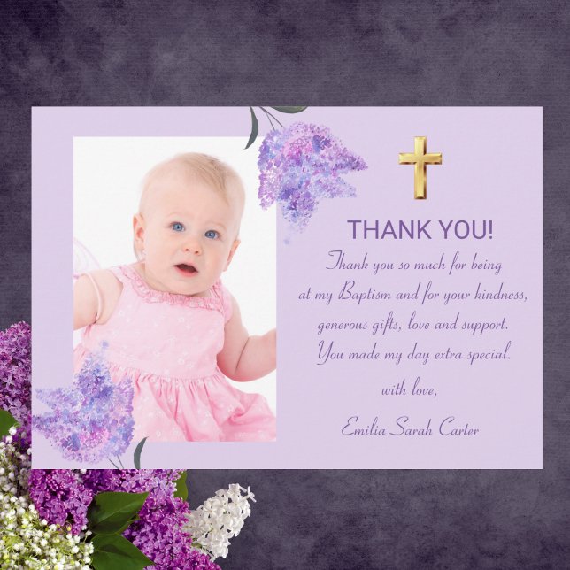 Elegante Lila Lilac-Cross-Girl-Taufe Dankeskarte (Von Creator hochgeladen)