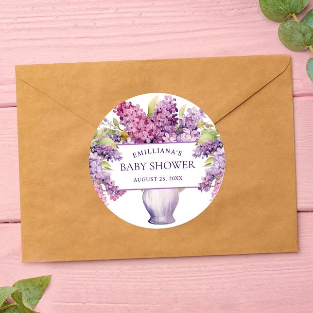 Elegante Lila Lilac Moderne Rustikale Babydusche Runder Aufkleber (Elegant Purple Lilac Modern Rustic Baby Shower Classic Round Sticker)