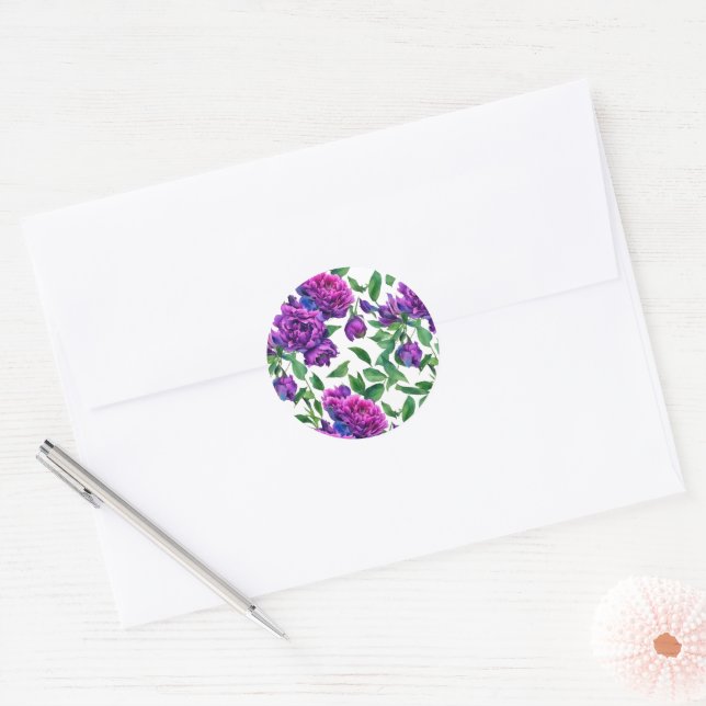 Elegante lila magenta Aquarellblumen Blume Runder Aufkleber (Umschlag)
