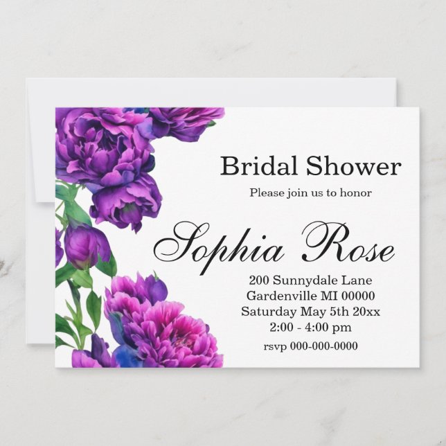 Elegante lila magentafarbene Aquarellfloralen Einladung (Vorderseite)