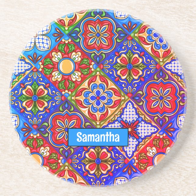 Elegante lila mexikanische Talavera-Fliesen Getränkeuntersetzer (Vorne)