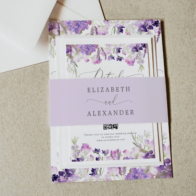 Elegante lila-minimalistische Hochzeit in Kalligra Einladungsbanderole (Von Creator hochgeladen)