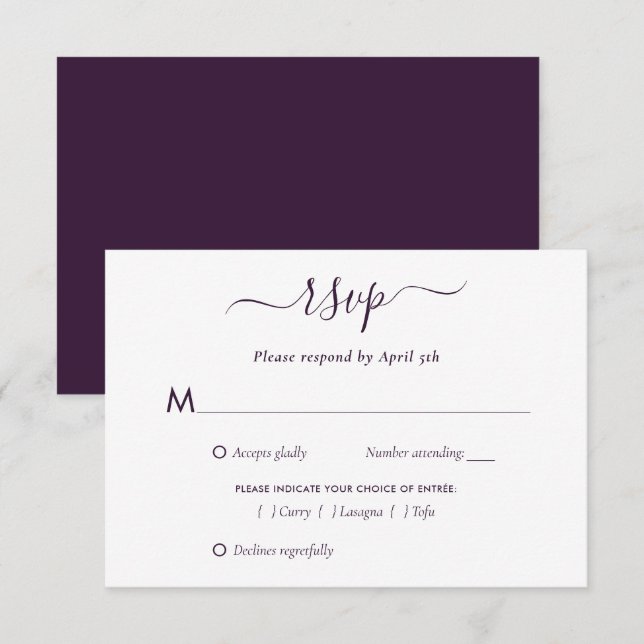 Elegante Lila, moderne Script Wedding RSVP Card Karte (Vorne/Hinten)