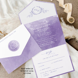 Elegante Lila Monogramm-Wasserfarbenhochzeit All In One Einladung