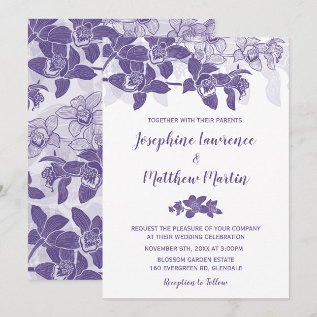 Elegante Lila Orchid Hochzeit Einladung (Vorne/Hinten)