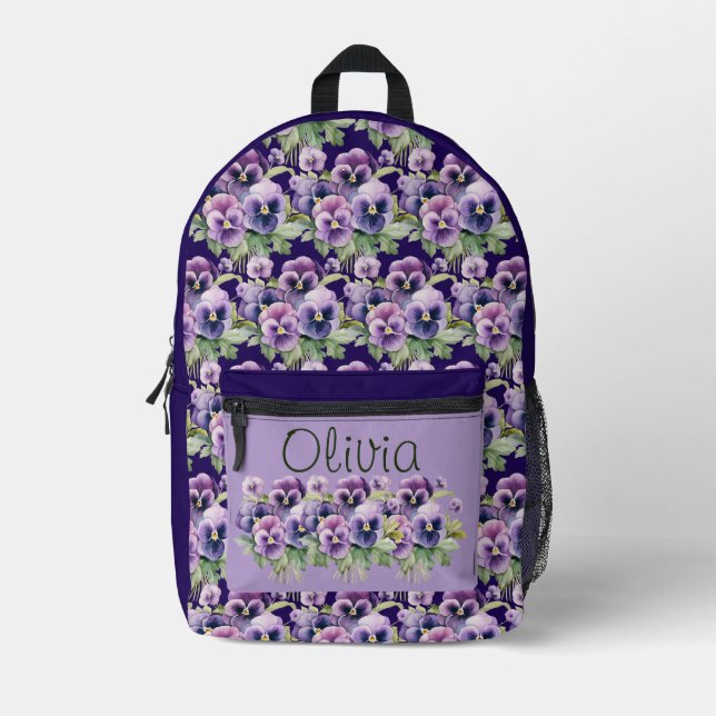 Elegante Lila Pansy Stiefmütterchen Bedruckter Rucksack (Vorderseite)