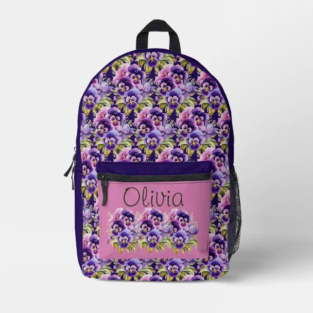 Elegante Lila Pansy Stiefmütterchen Bedruckter Rucksack (Vorderseite)