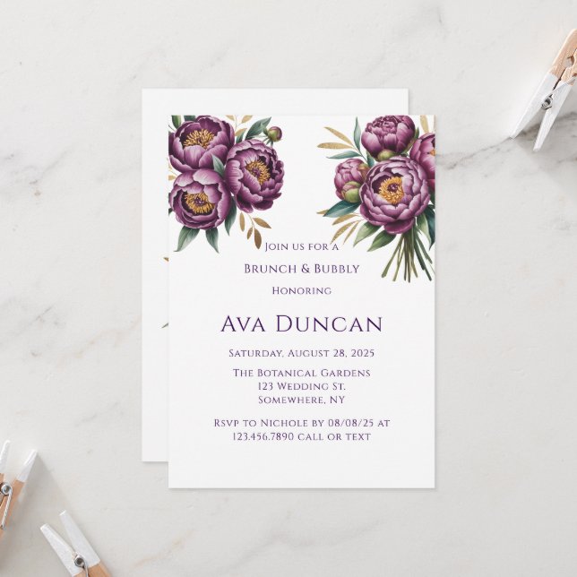 Elegante Lila Peonies Brunch & Bubbly Einladung (Vorderseite/Rückseite Beispiel)
