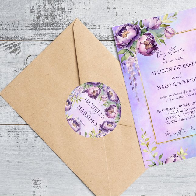 Elegante, lila Pfingstpöne Runder Aufkleber (Elegant purple peonies lilac wisteria wedding classic round sticker)