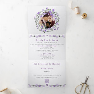 Elegante lila Pfingstrosen-Blumen-Hochzeit Tri-Fol Dreifach Gefaltete Einladung