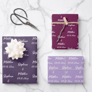 Elegante lila Pflaumen-Braut Bräutigam-Namen Hochz Geschenkpapier Set