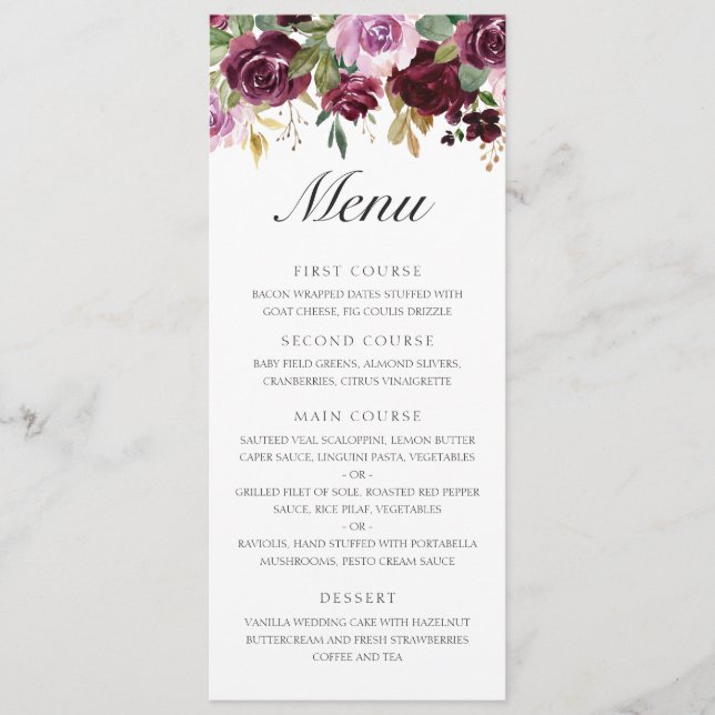 Elegante Lila Pflaumenflora Hochzeit im Herbst Menükarte (Vorderseite)