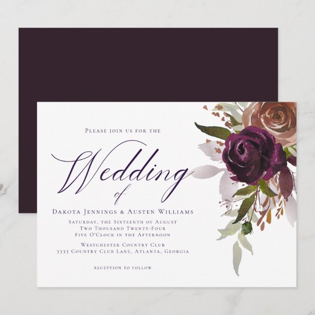 Elegante Lila Pflaumenschick-Hochzeit Einladung (Vorne/Hinten)