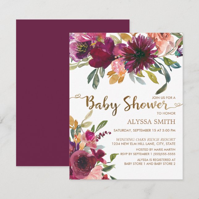 Elegante Lila Pink Gold Floral Script Baby Dusche Einladung (Vorne/Hinten)