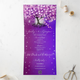 Elegante Lila Pink Heart Leaf Tree Wedding Dreifach Gefaltete Einladung