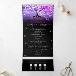Elegante Lila Pink Heart Leaf Tree Wedding Dreifach Gefaltete Einladung
