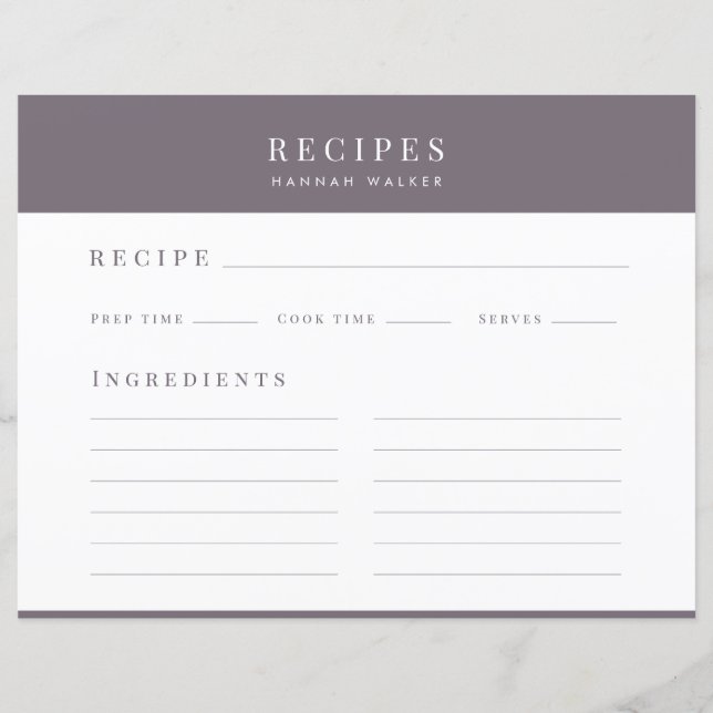 Elegante Lila Recipe Binder-Abschlusskarte (Vorderseite)