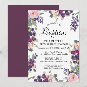 Elegante Lila rosa Blumentaufe Einladung