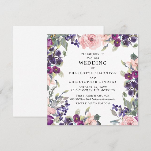 Elegante Lila Rosa-Flora-Hochzeit Einladung (Vorne/Hinten)
