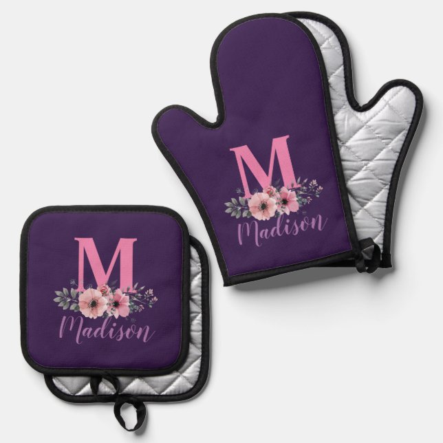 Elegante Lila rosa Floral Monogramm-Initialen Ofenhandschuh & Topflappen-Set (Vorderseite/Rückseite)