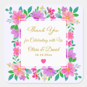 Elegante lila rosa Wildblumen Dankeschön Hochzeit Quadratischer Aufkleber