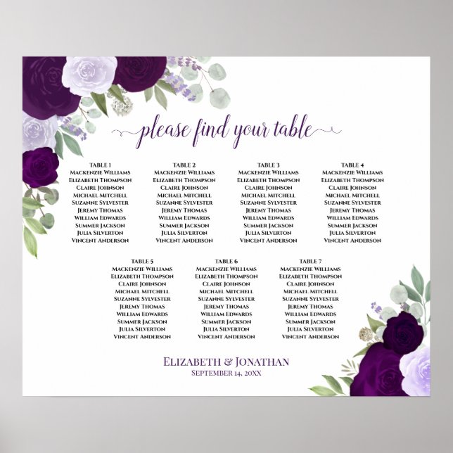 Elegante Lila Rose 7 Tabelle Seating Chart Poster (Vorne)