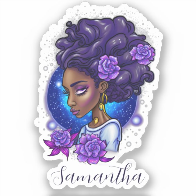 Elegante Lila Rose Afro Woman Aufkleber (Vorderseite)