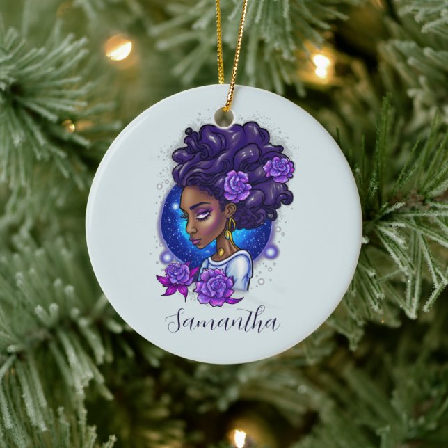 Elegante Lila Rose Afro Woman Keramik Ornament (Baum)