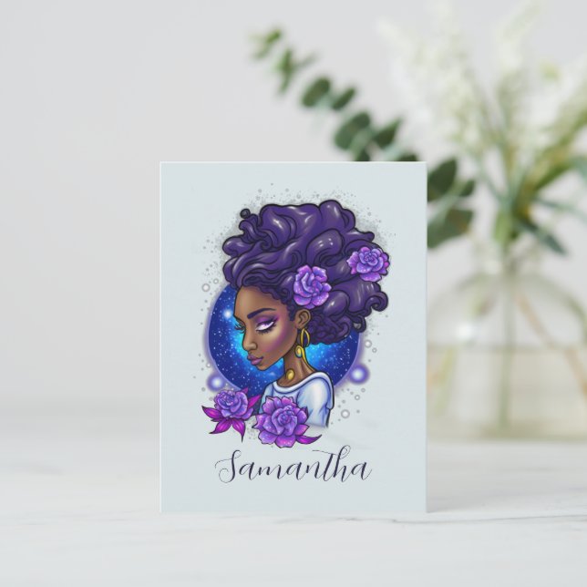 Elegante Lila Rose Afro Woman Postkarte (Stehend Vorderseite)