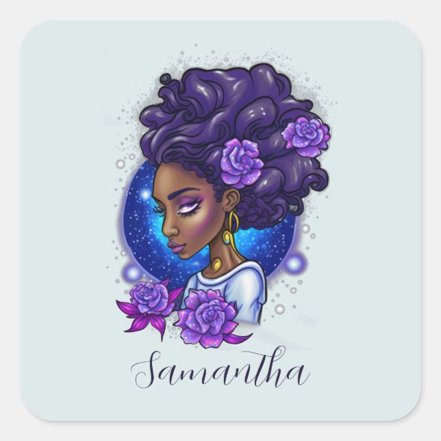 Elegante Lila Rose Afro Woman Quadratischer Aufkleber (Vorderseite)